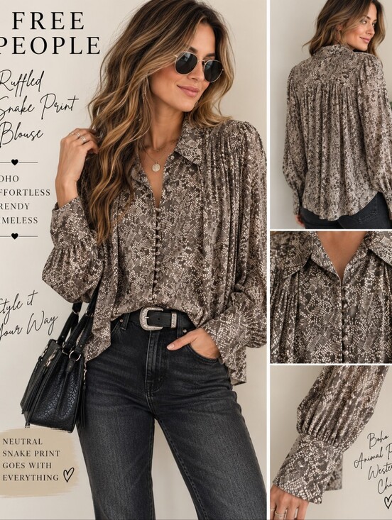 Free People Tops - Free People Women’s M Ruffled Snake Print Button Front Blouse Boho